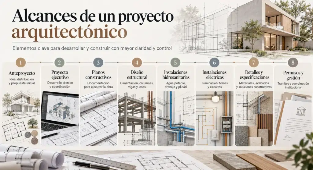 alcances-proyecto-arquitectonico Infografía sobre los alcances de un proyecto arquitectónico, desde el anteproyecto y planos constructivos hasta las ingenierías, especificaciones y gestión de permisos.