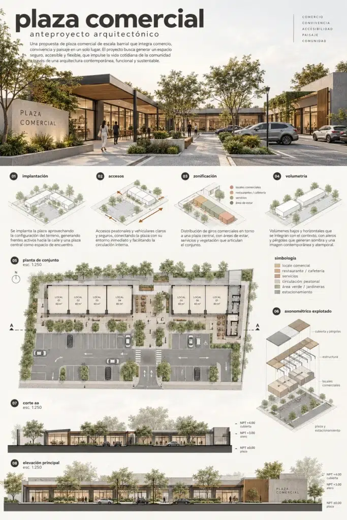 anteproyecto-plaza-comercial-arquitectura Lámina de anteproyecto arquitectónico de plaza comercial con render, planta de conjunto, zonificación, accesos, volumetría, corte y elevación principal.