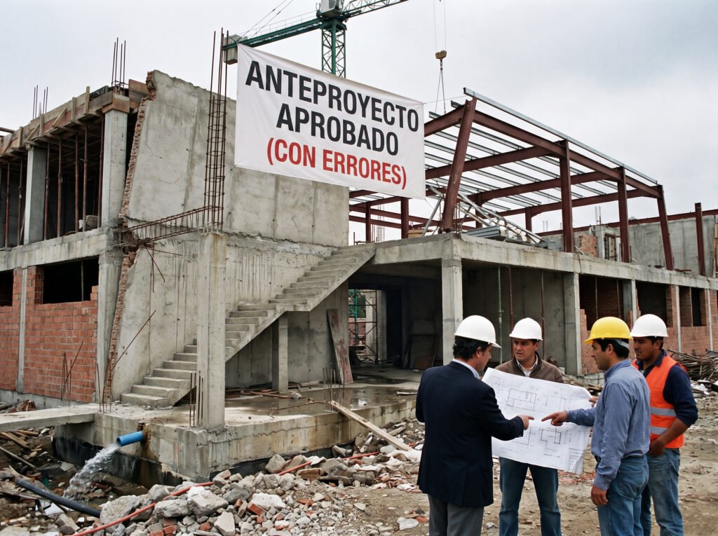errores-construccion-anteproyecto Obra en construcción con errores de ejecución mientras arquitectos y técnicos revisan los planos del proyecto.