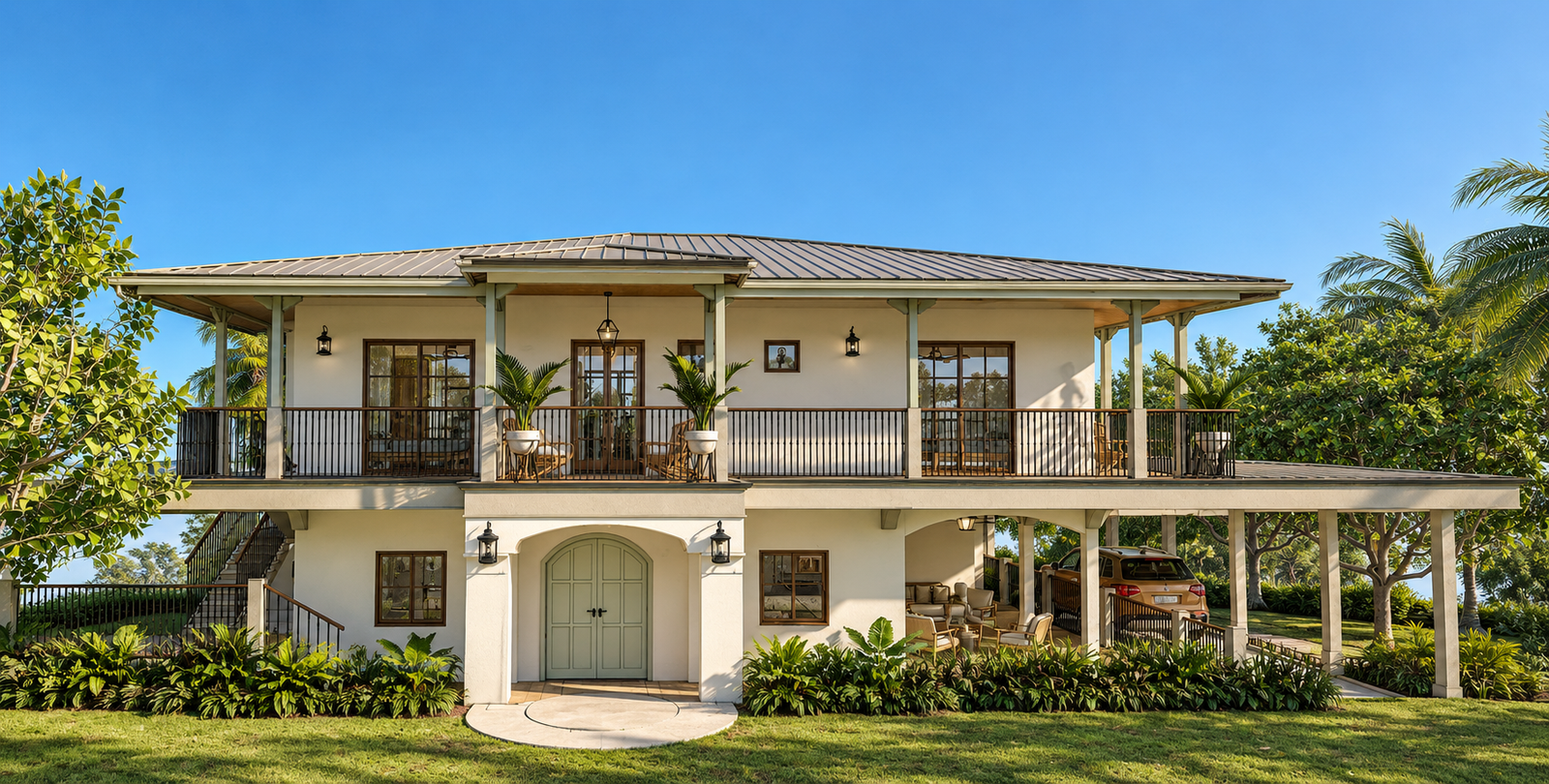 Fachada principal de vivienda de dos niveles con terraza, cubierta de madera, barandales metálicos y vegetación tropical.